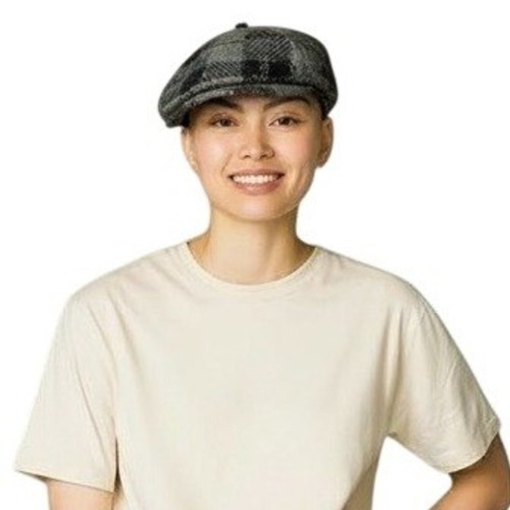Relativity Cadet Newsboy Cap Plaid Wool Blend One Size Fits Most Button Detail
